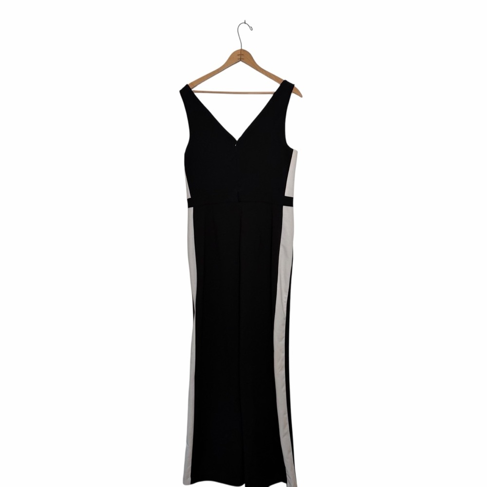 Donna Morgan Black Sleeveless V-neck White Stripe Sides Jumpsuit Size 12 - Picture 5 of 11
